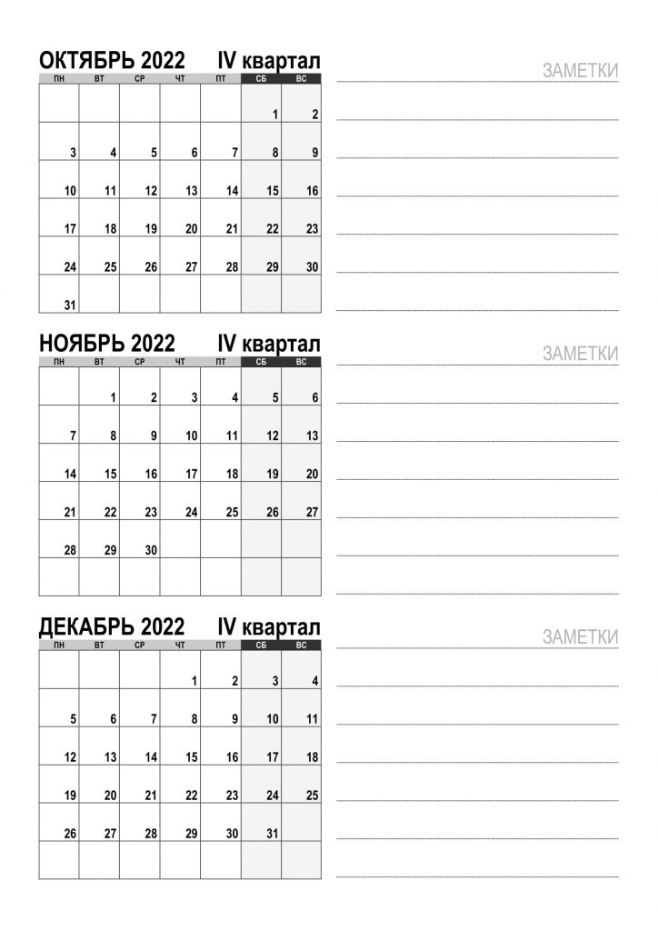 Квартальный календарь с полями на 4 квартал 2022 года